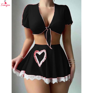 Fancyra Women Black Tie-Front Crop Top & Mini Skirt with Heart Cutout Lingerie
