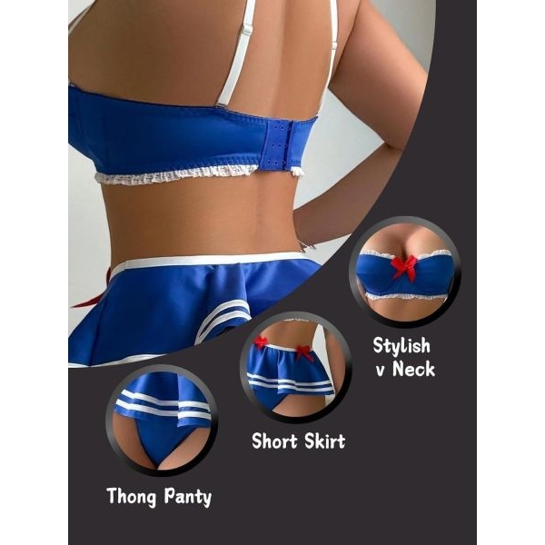 Fancyra Women Blue Crop Top & Skirt Lingerie Set - Image 3