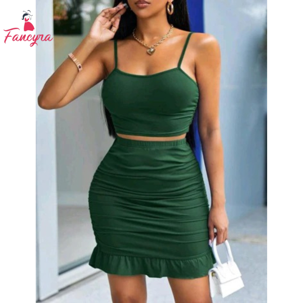 Fancyra Women Bodycon Two Piece Set Crop Top Ruffled Skirt Club Party Wear Green Dress with Thong - Image 2
