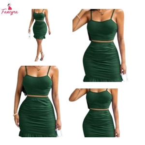 Fancyra Women Bodycon Two Piece Set Crop Top Ruffled Skirt Club Party Wear Green Dress with Thong