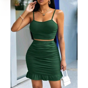 Fancyra Women Bodycon Two Piece Set Crop Top Ruffled Skirt Club Party Wear Green Dress with Thong