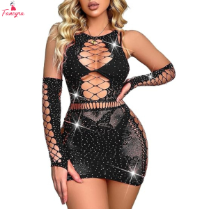 Fancyra Women Bodystocking Mini Dress Lace Sparkle Rhinestone Lingerie