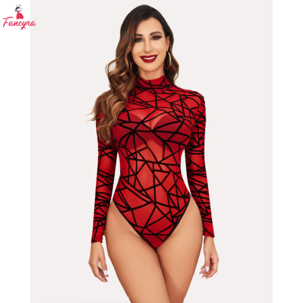 Fancyra Women Bodysuit Elegant Mesh Top Long Sleeve Turtleneck Lingerie Babydoll - Image 2