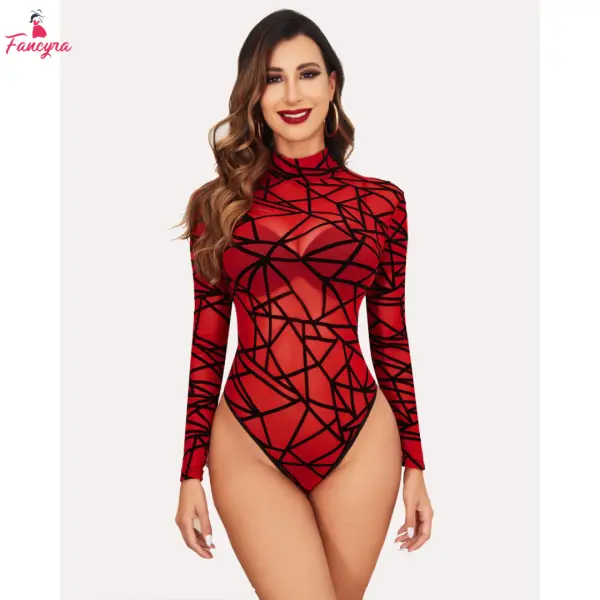Fancyra Women Bodysuit Elegant Mesh Top Long Sleeve Turtleneck Lingerie Babydoll - Image 2
