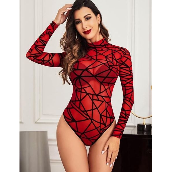 Fancyra Women Bodysuit Elegant Mesh Top Long Sleeve Turtleneck Lingerie Babydoll - Image 4