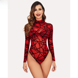Fancyra Women Bodysuit Elegant Mesh Top Long Sleeve Turtleneck Lingerie Babydoll