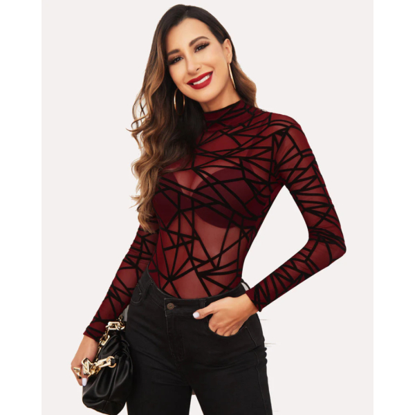 Fancyra Women Bodysuit Elegant Mesh Top Long Sleeve Turtleneck Top Lingerie Babydoll - Image 4