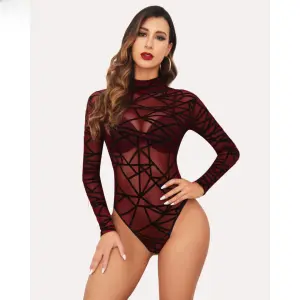 Fancyra Women Bodysuit Elegant Mesh Top Long Sleeve Turtleneck Top Lingerie Babydoll