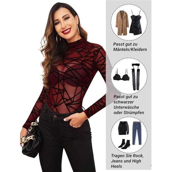 Fancyra Women Bodysuit Elegant Mesh Top Long Sleeve Turtleneck Top Lingerie Babydoll - Image 5