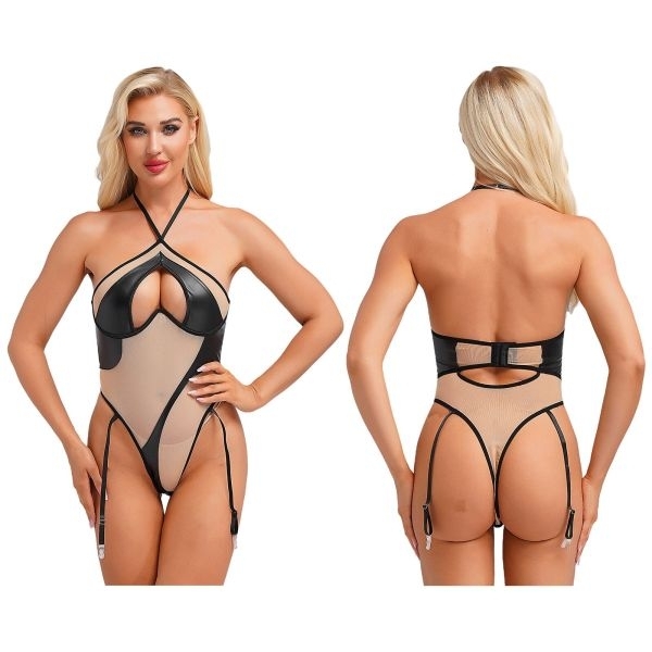 Fancyra Women Bodysuit Patchwork Jumpsuit Halter Neck Lingerie Fun Leotard Nightwear - Image 2
