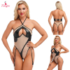 Fancyra Women Bodysuit Patchwork Jumpsuit Halter Neck Lingerie Fun Leotard Nightwear
