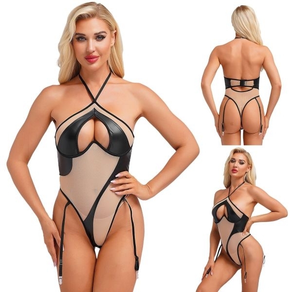 Fancyra Women Bodysuit Patchwork Jumpsuit Halter Neck Lingerie Fun Leotard Nightwear - Image 4