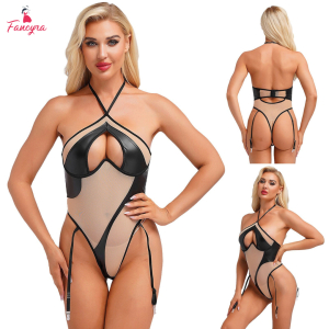 Fancyra Women Bodysuit Patchwork Jumpsuit Halter Neck Lingerie Fun Leotard Nightwear