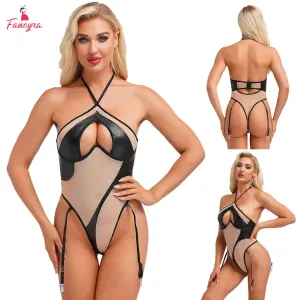 Fancyra Women Bodysuit Patchwork Jumpsuit Halter Neck Lingerie Fun Leotard Nightwear