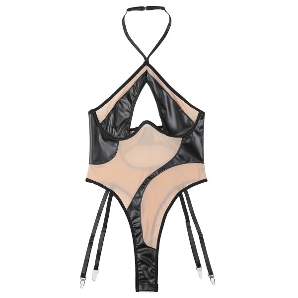 Fancyra Women Bodysuit Patchwork Jumpsuit Halter Neck Lingerie Fun Leotard Nightwear - Image 5