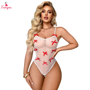 Fancyra Women Bow Attached Teddy Bodysuit Top Mesh Sheer Lingerie