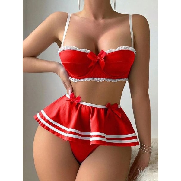 Fancyra Women Bow Lingerie Costume Set 3 Piece Bra Mini Skirt & Panty Cute Sailor Cosplay Lingerie - Image 3