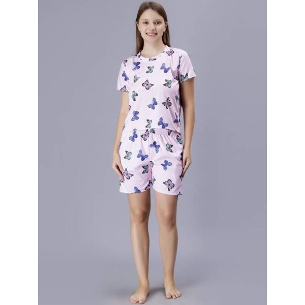 Fancyra Women Butterfly Print Round Neck Tee and Shorts Nightwear Pajama Set - Image 2
