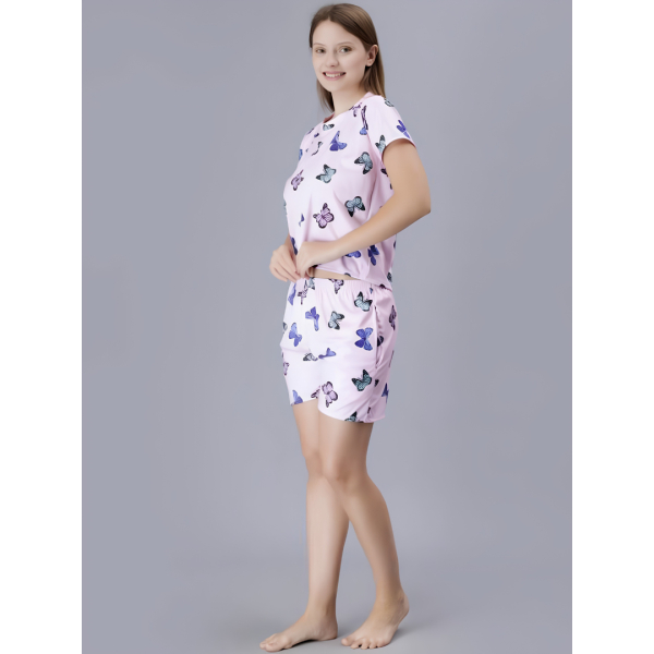 Fancyra Women Butterfly Print Round Neck Tee and Shorts Nightwear Pajama Set - Image 3