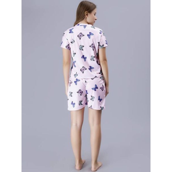 Fancyra Women Butterfly Print Round Neck Tee and Shorts Nightwear Pajama Set - Image 4