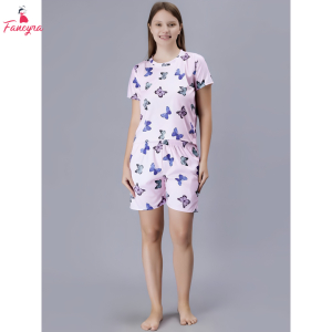 Fancyra Women Butterfly Print Round Neck Tee and Shorts Nightwear Pajama Set