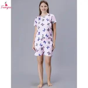 Fancyra Women Butterfly Print Round Neck Tee and Shorts Nightwear Pajama Set