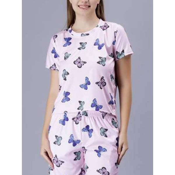 Fancyra Women Butterfly Print Round Neck Tee and Shorts Nightwear Pajama Set - Image 5