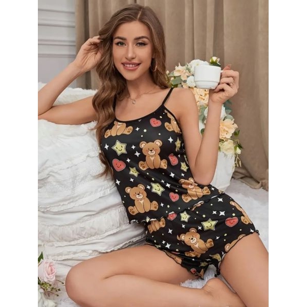 Fancyra Women Cartoon Printed Sleepwear Tee & Shorts Pajama Set - Image 3