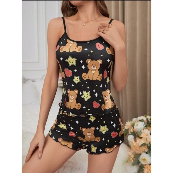 Fancyra Women Cartoon Printed Sleepwear Tee & Shorts Pajama Set - Image 4