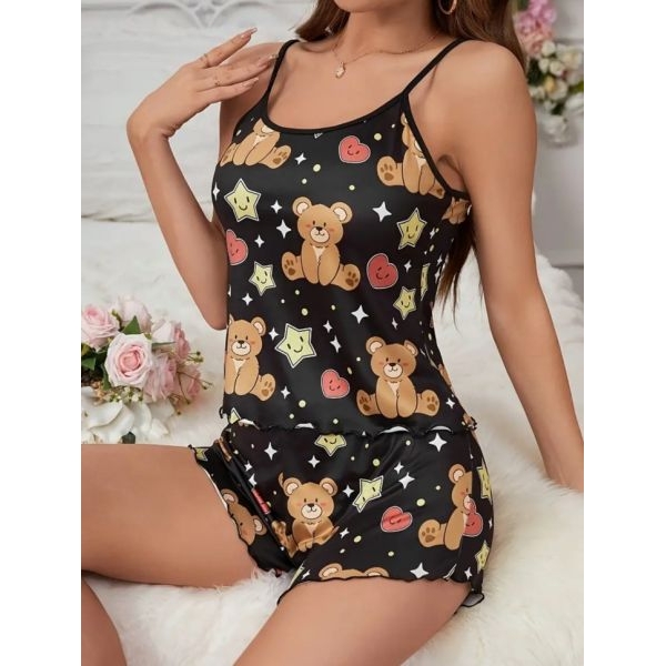 Fancyra Women Cartoon Printed Sleepwear Tee & Shorts Pajama Set - Image 5