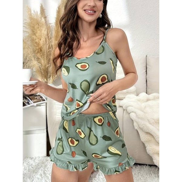 Fancyra Women Casual Avocado Print Cami Top & Ruffle Shorts Pajama Set - Image 4