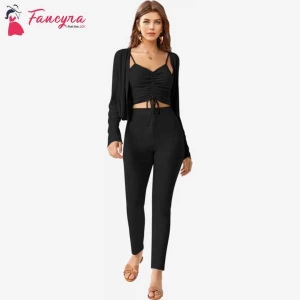 Fancyra Women Casual Ruched Crop Top with Long Sleeves Cardigan and Pants
