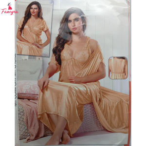 Fancyra Women Champagne Gold Satin 2 Piece Sleepwear Nightwear Set with Inner and Outer Robe