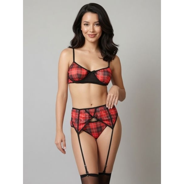 Fancyra Women Checked Plaid Hot Lingerie Set with Stocking - Image 5