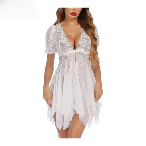 Fancyra Women Chemise Nightgown Full Lace Sling Dress Babydoll Lingerie With G-String Panty Free Size White Color