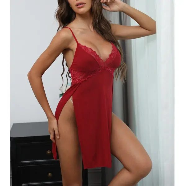 Fancyra Women Chemise Side Split V-Neck Babydoll Lingerie Maroon - Image 4