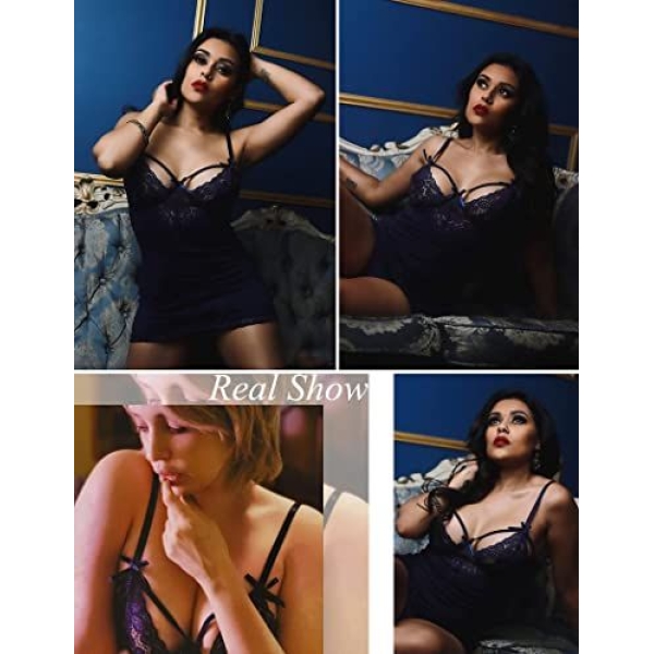 Fancyra Women Chemises Lingerie Lace Babydoll Sleepwear With G String Panty Free Size Blue Color - Image 4