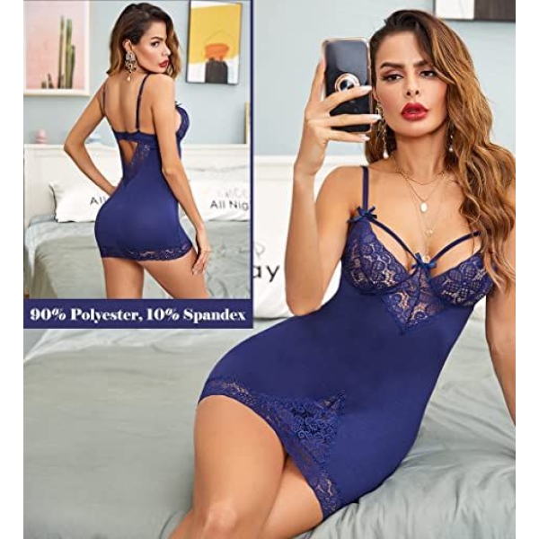 Fancyra Women Chemises Nightwear Lingerie Lace Babydoll Sleepwear Mini Dress With G String Panty Free Size Blue Color - Image 4