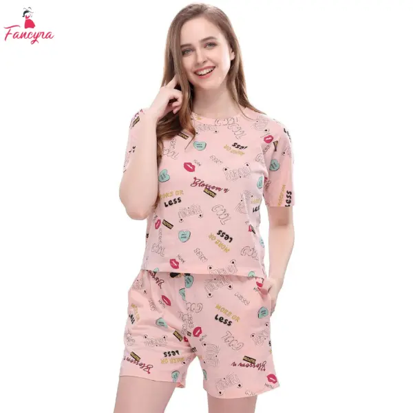 Fancyra Women Conversational Printed Satin Night suit Pajama Set