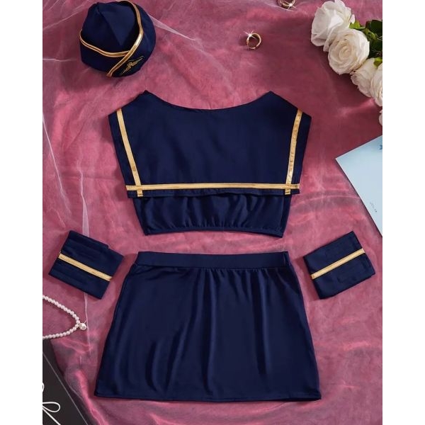 Fancyra Women Cosplay Lingerie Set Flight Attendant Air Hostess Costume Role Play Outfit with Hat & Hand Bands - Image 2