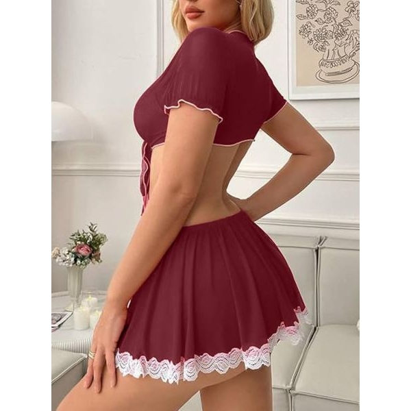 Fancyra Women Crop Top and Lace Trim Skirt Tie Knot Front Lingerie Set - Image 4