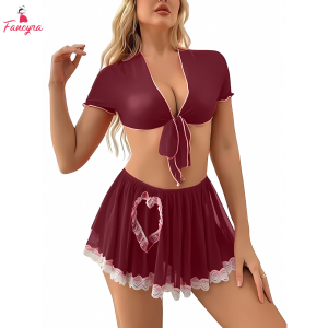 Fancyra Women Crop Top and Lace Trim Skirt Tie Knot Front Lingerie Set