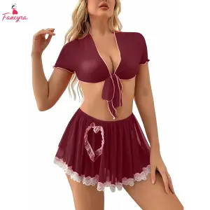 Fancyra Women Crop Top and Lace Trim Skirt Tie Knot Front Lingerie Set