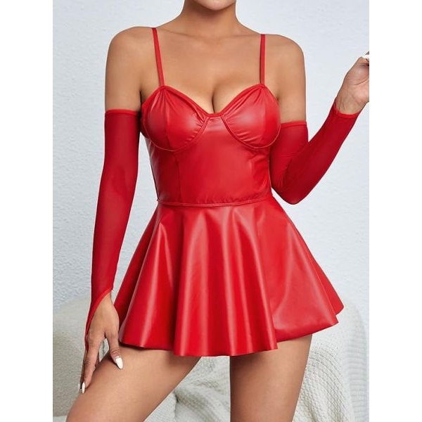 Fancyra Women Cut Out Lingerie Babydoll one Piece Dress with Thong and Arm Sleeve - Image 4