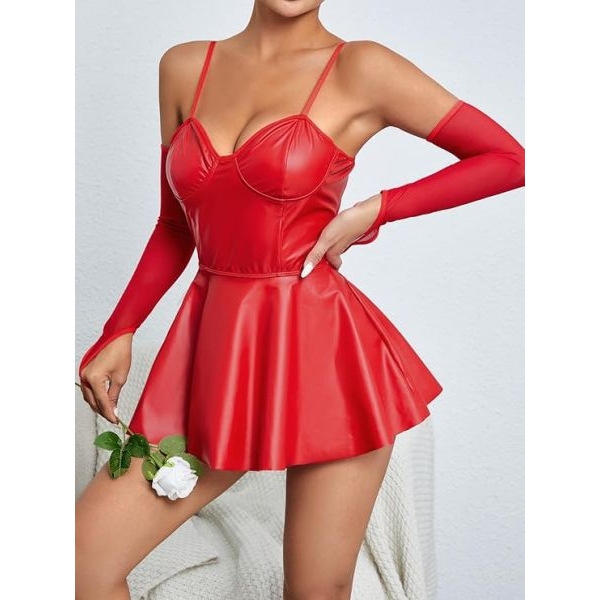 Fancyra Women Cut Out Lingerie Babydoll one Piece Dress with Thong and Arm Sleeve - Image 5
