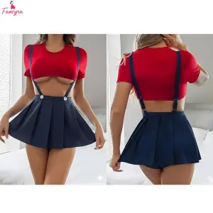 Fancyra Women Cute Roleplay Red Top and Navy Blue Mini Skirt Babydoll Lingerie Set