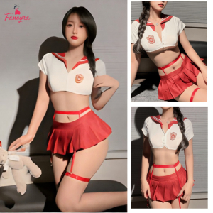Fancyra Women Cute School Girl Cosplay Lingerie Set with Tie-Up Crop Top