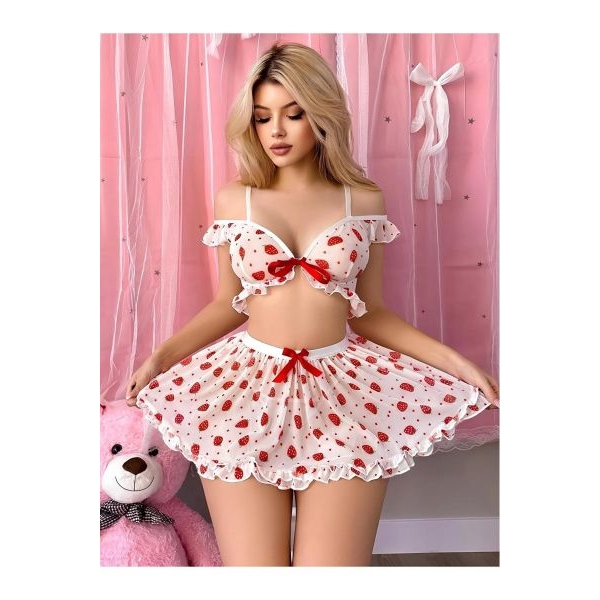 Fancyra Women Cute Strawberry Print Off Shoulder Teddy Babydoll Crop Top and Mini Skirt with Thong - Image 4