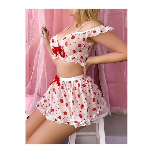 Fancyra Women Cute Strawberry Print Off Shoulder Teddy Babydoll Crop Top and Mini Skirt with Thong - Image 5