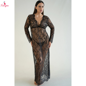 Fancyra Women Dark Green Luxury Lace V Neck Night Gown